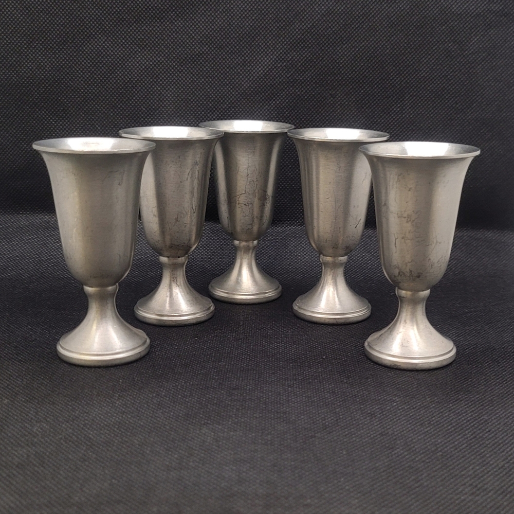 5 Vintage Pewter Wine Water Beer Goblets  3" USA Tavern Shot Glass